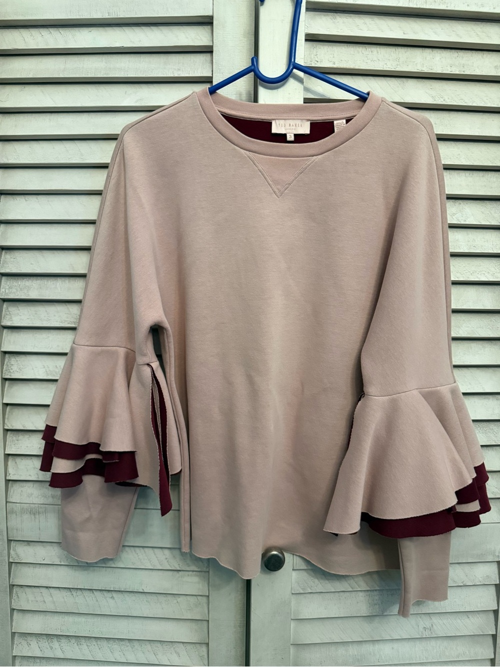 Ted Baker London Blush Pink Sweatshirt with Burgundy Ruffle Sleeves
